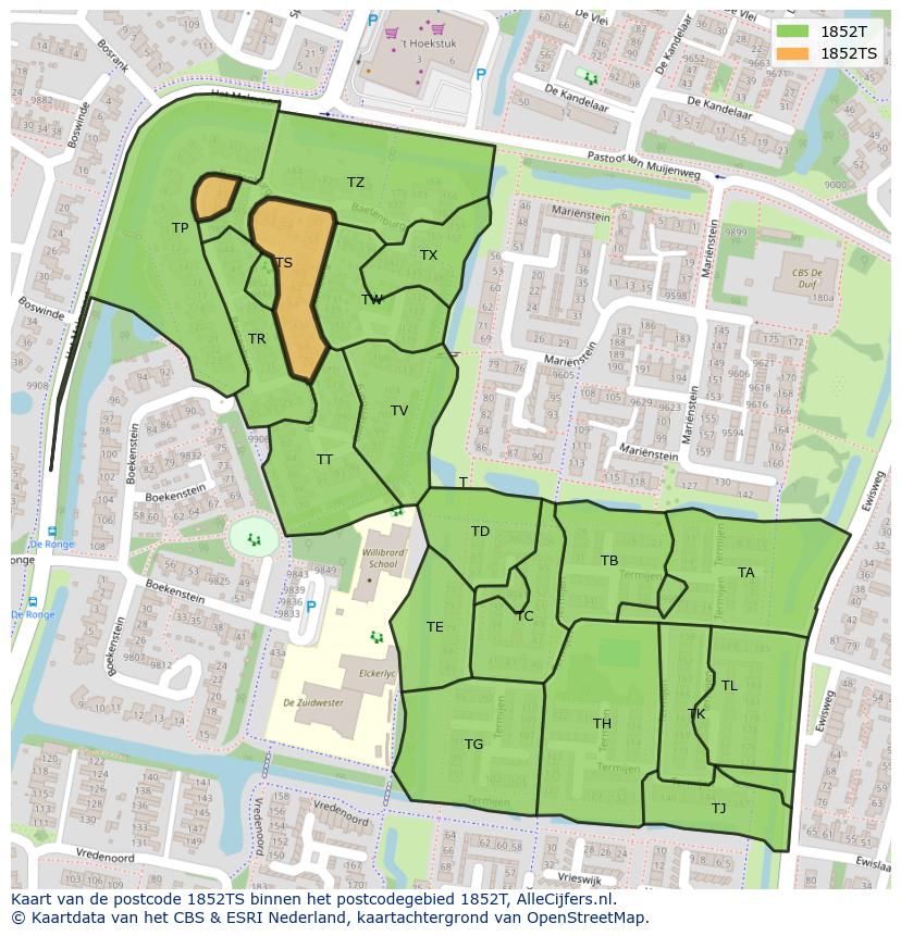 Afbeelding van het postcodegebied 1852 TS op de kaart.