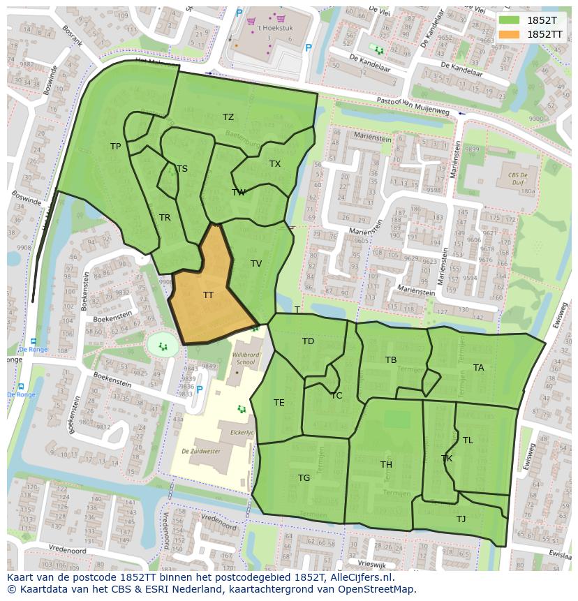 Afbeelding van het postcodegebied 1852 TT op de kaart.