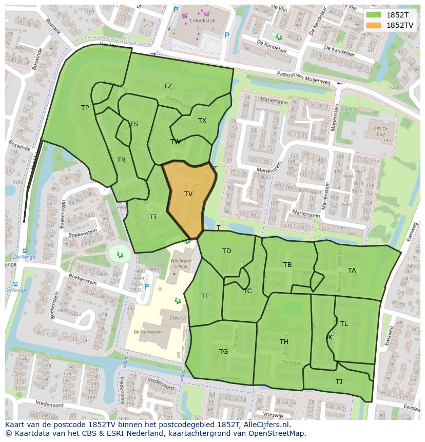 Afbeelding van het postcodegebied 1852 TV op de kaart.