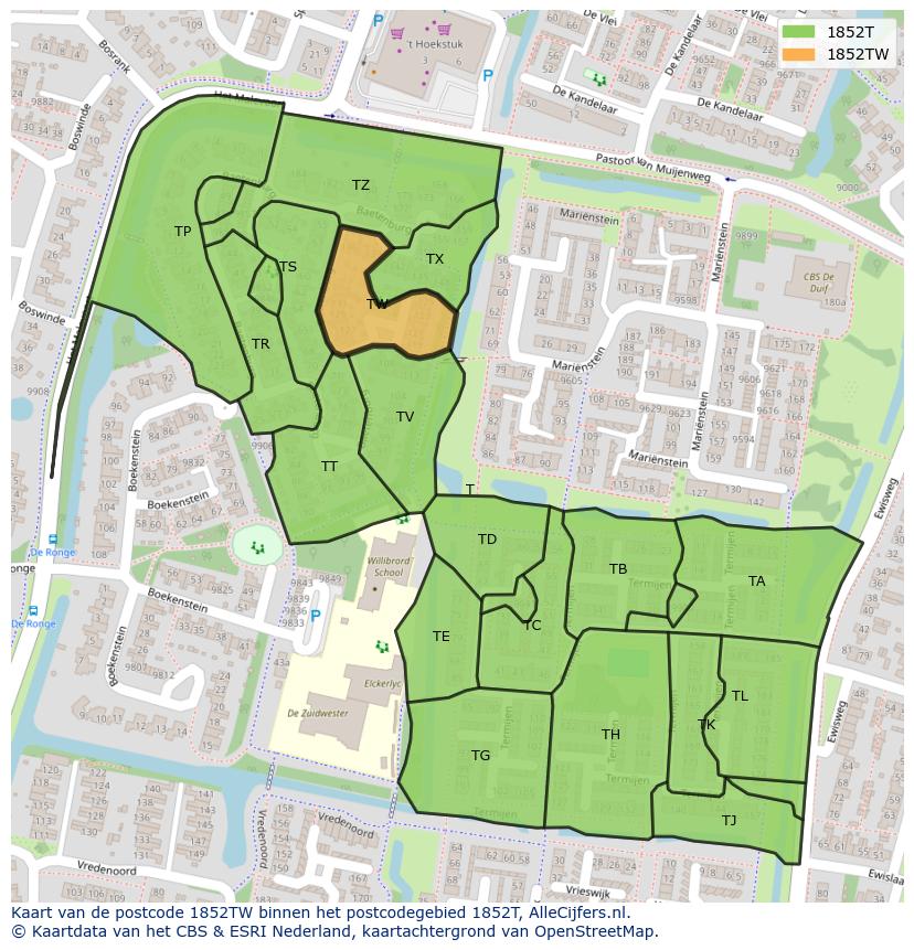 Afbeelding van het postcodegebied 1852 TW op de kaart.