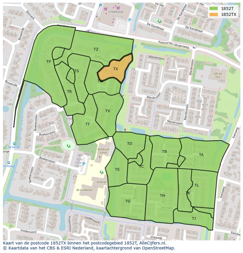 Afbeelding van het postcodegebied 1852 TX op de kaart.