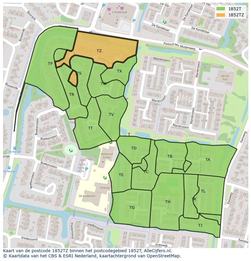 Afbeelding van het postcodegebied 1852 TZ op de kaart.