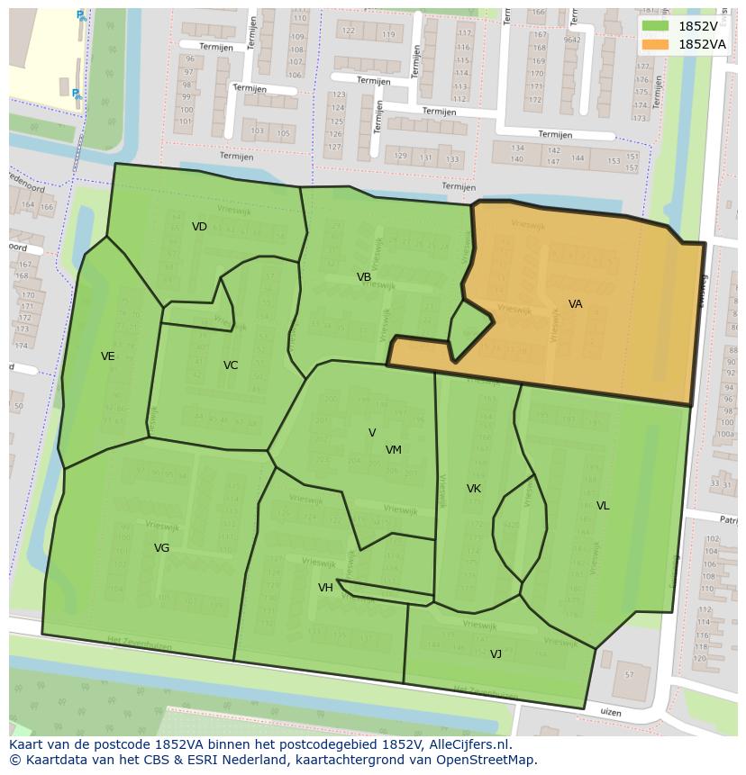 Afbeelding van het postcodegebied 1852 VA op de kaart.