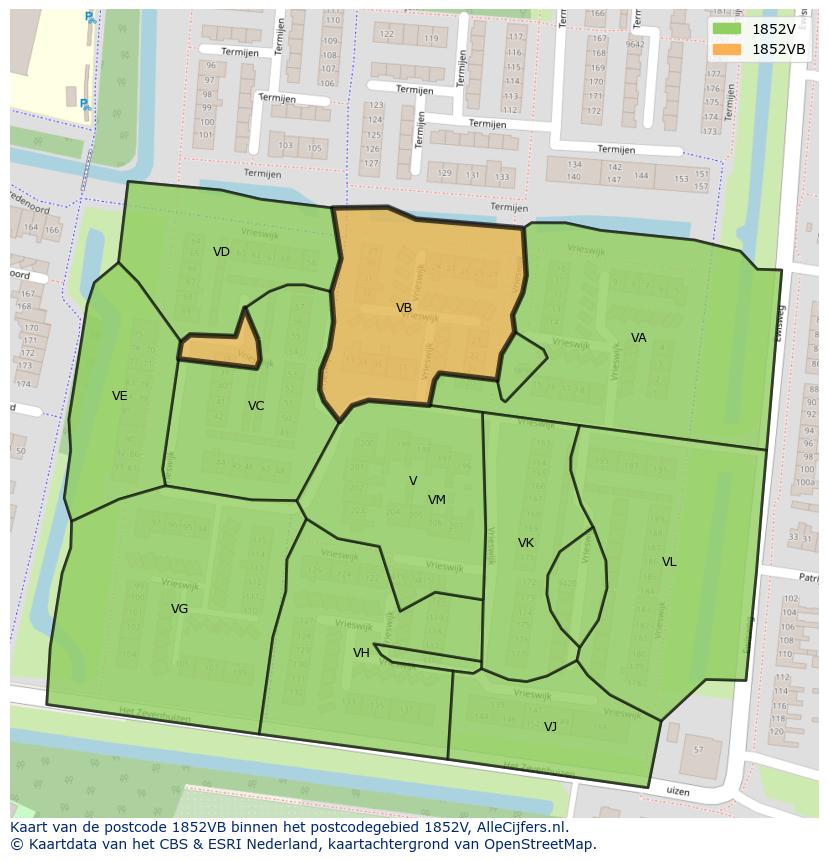 Afbeelding van het postcodegebied 1852 VB op de kaart.