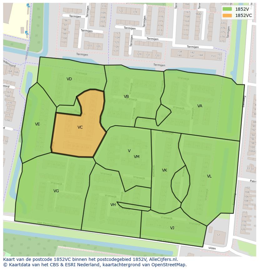 Afbeelding van het postcodegebied 1852 VC op de kaart.