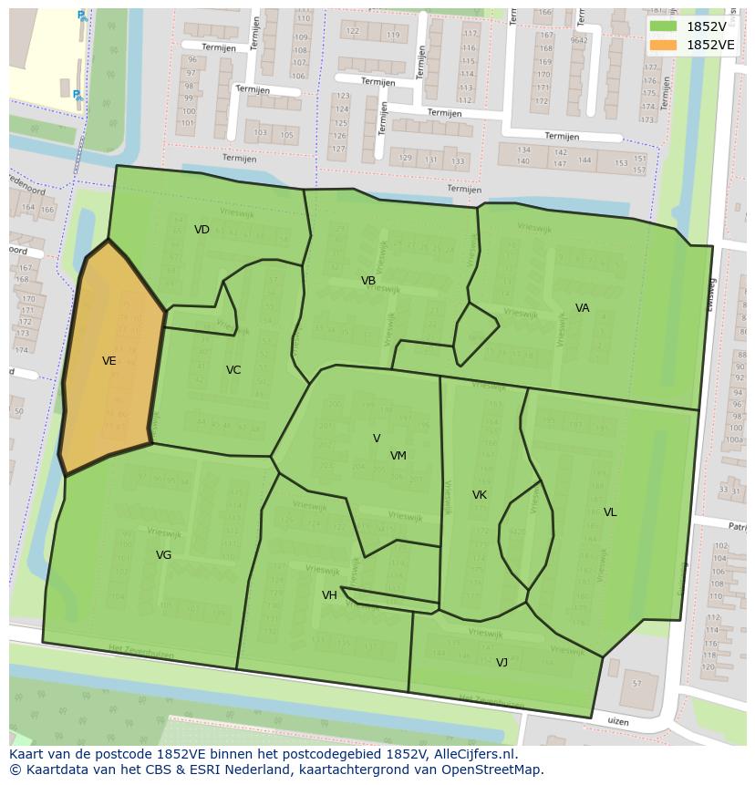 Afbeelding van het postcodegebied 1852 VE op de kaart.
