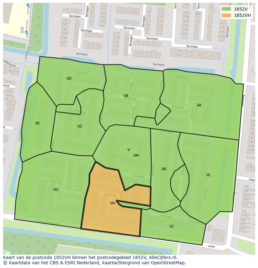 Afbeelding van het postcodegebied 1852 VH op de kaart.