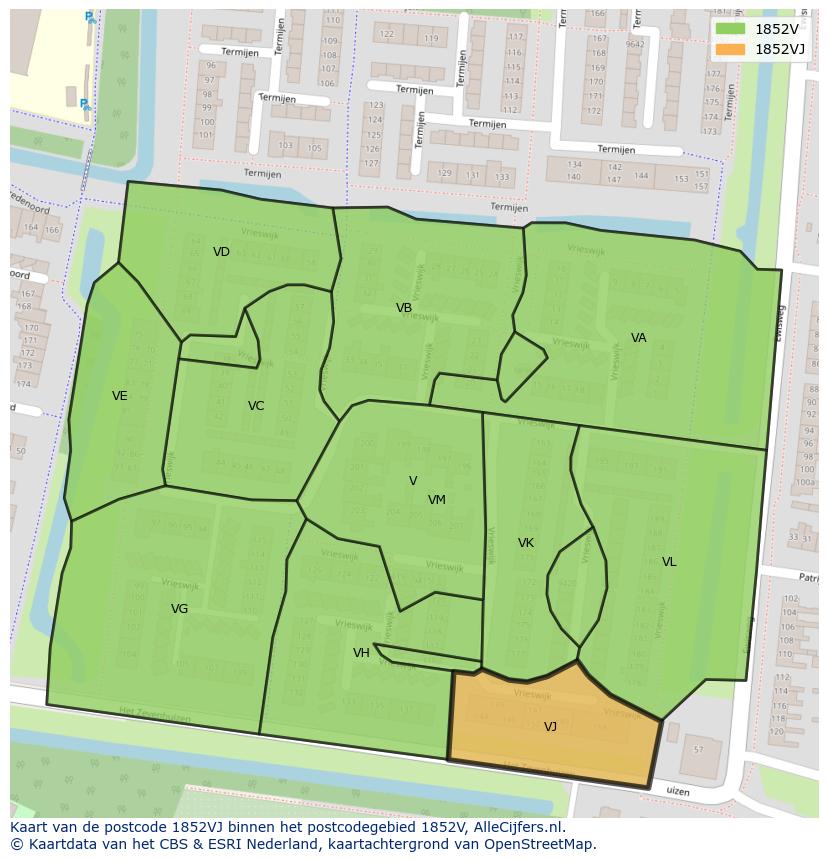 Afbeelding van het postcodegebied 1852 VJ op de kaart.
