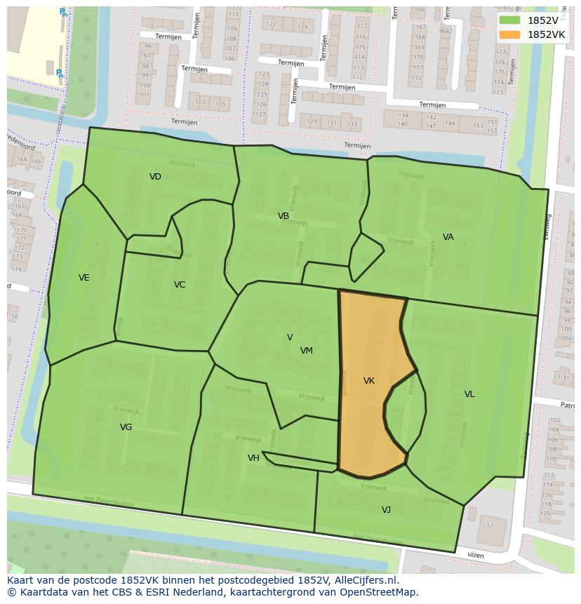 Afbeelding van het postcodegebied 1852 VK op de kaart.