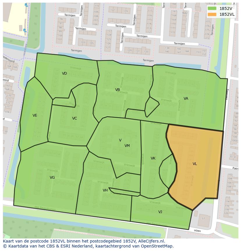 Afbeelding van het postcodegebied 1852 VL op de kaart.