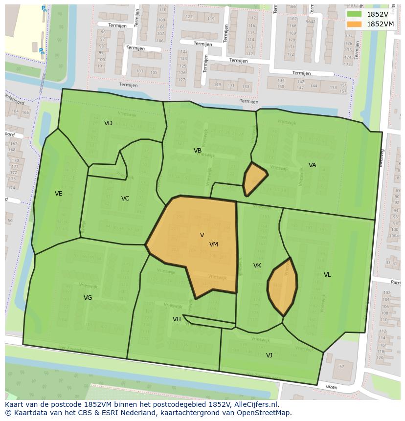 Afbeelding van het postcodegebied 1852 VM op de kaart.