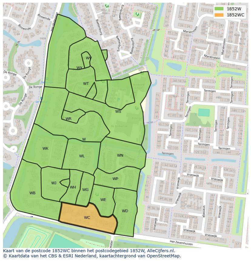 Afbeelding van het postcodegebied 1852 WC op de kaart.