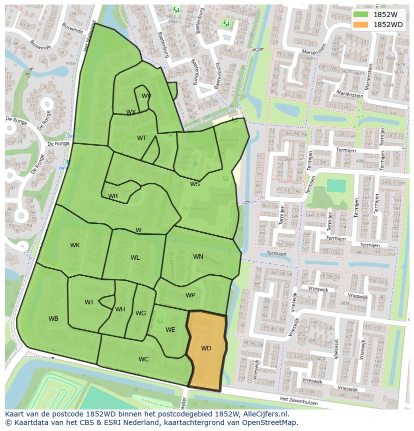 Afbeelding van het postcodegebied 1852 WD op de kaart.