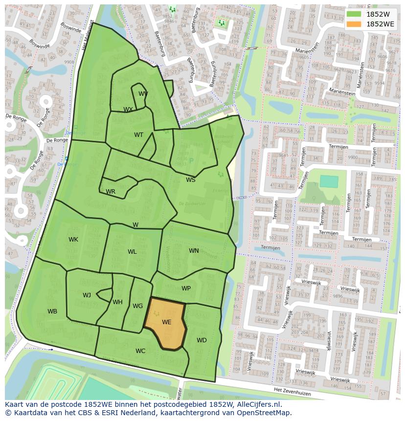 Afbeelding van het postcodegebied 1852 WE op de kaart.