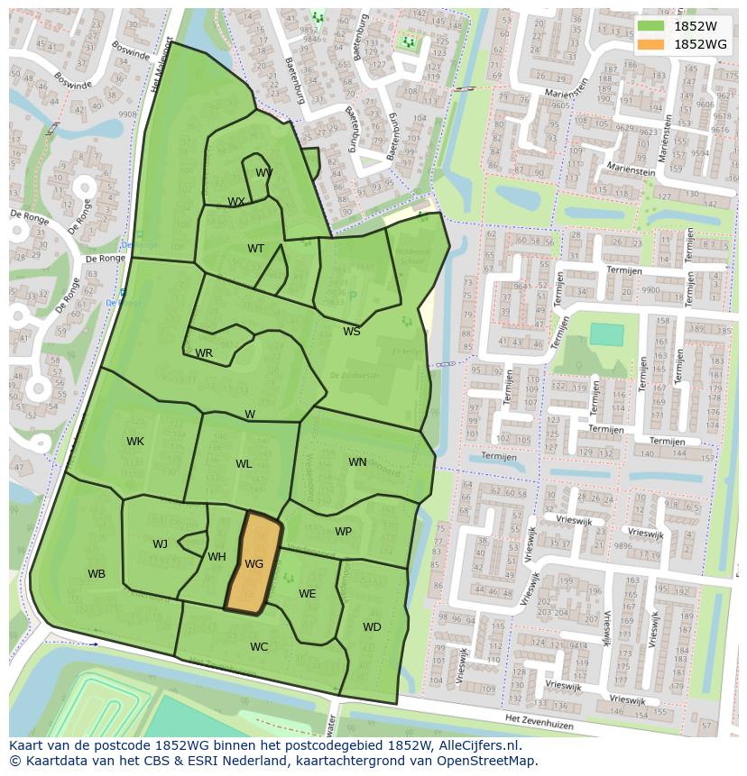 Afbeelding van het postcodegebied 1852 WG op de kaart.