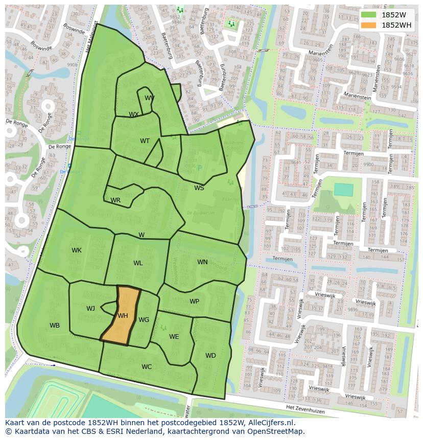 Afbeelding van het postcodegebied 1852 WH op de kaart.