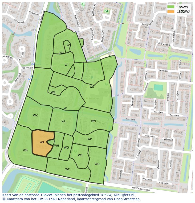 Afbeelding van het postcodegebied 1852 WJ op de kaart.
