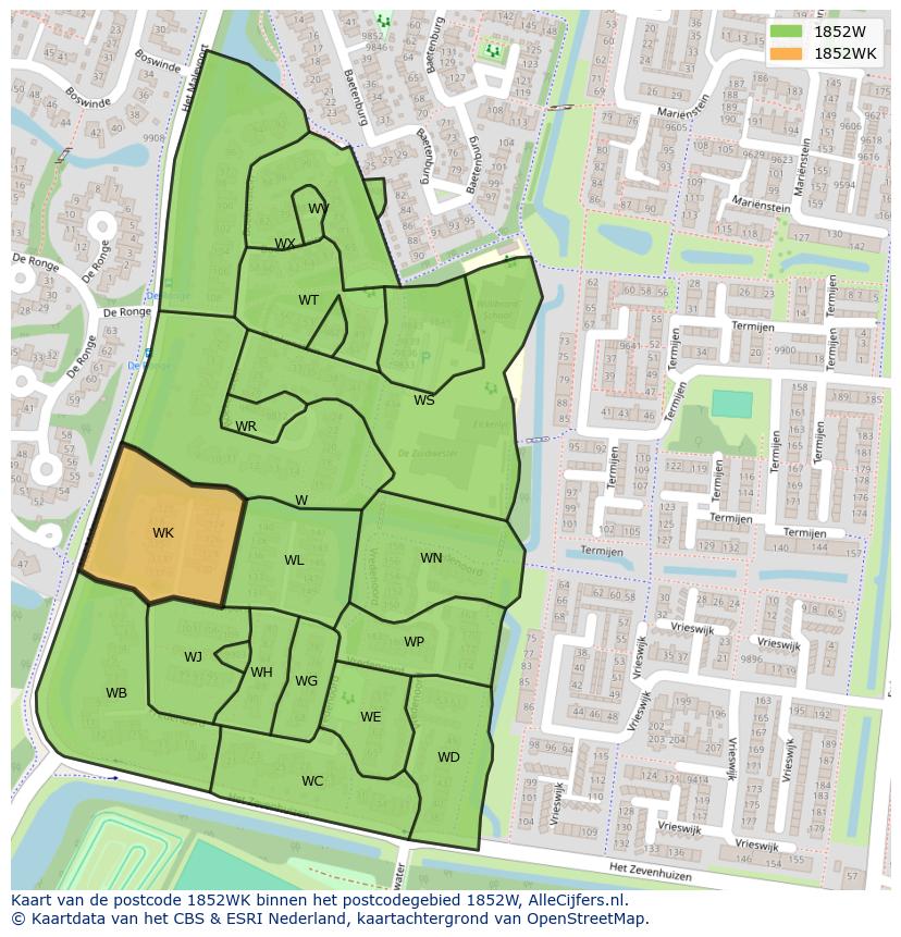 Afbeelding van het postcodegebied 1852 WK op de kaart.
