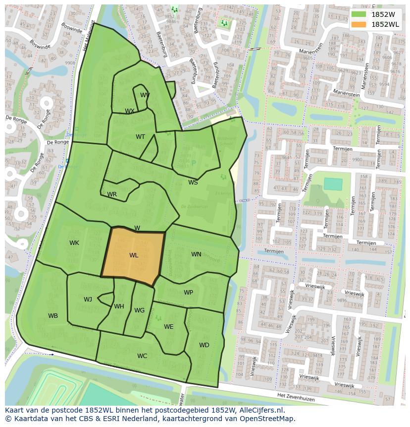 Afbeelding van het postcodegebied 1852 WL op de kaart.