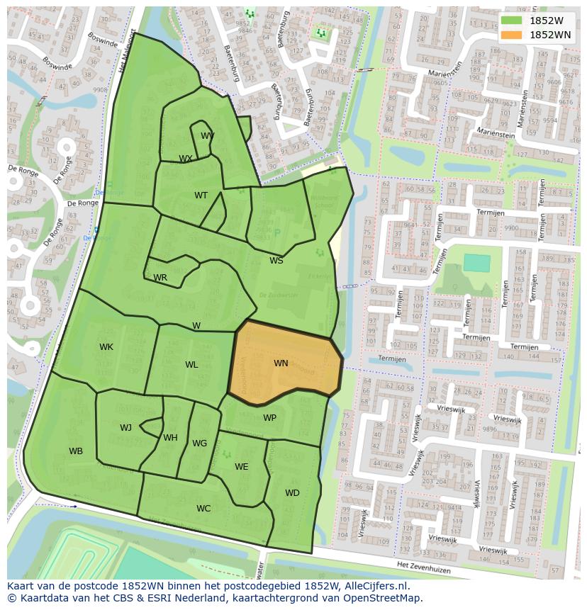 Afbeelding van het postcodegebied 1852 WN op de kaart.