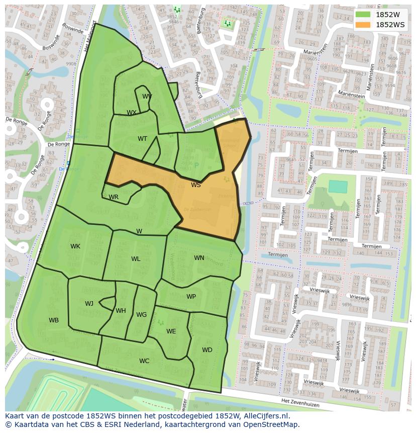Afbeelding van het postcodegebied 1852 WS op de kaart.