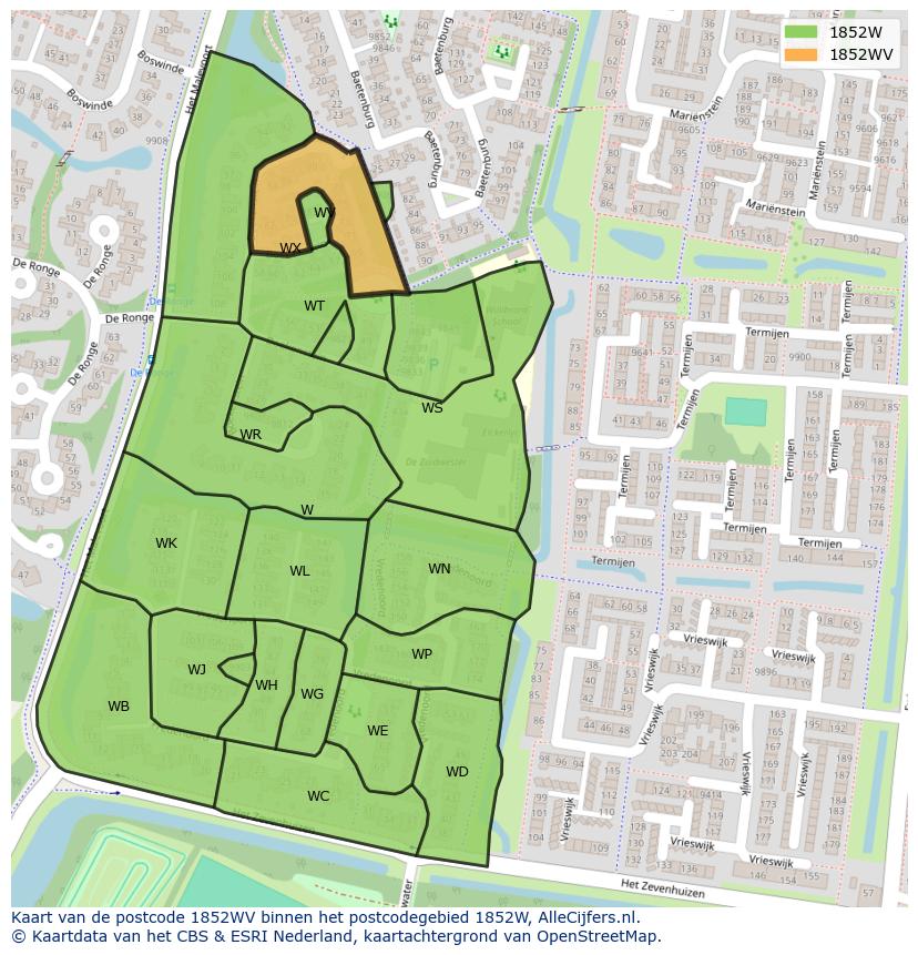 Afbeelding van het postcodegebied 1852 WV op de kaart.
