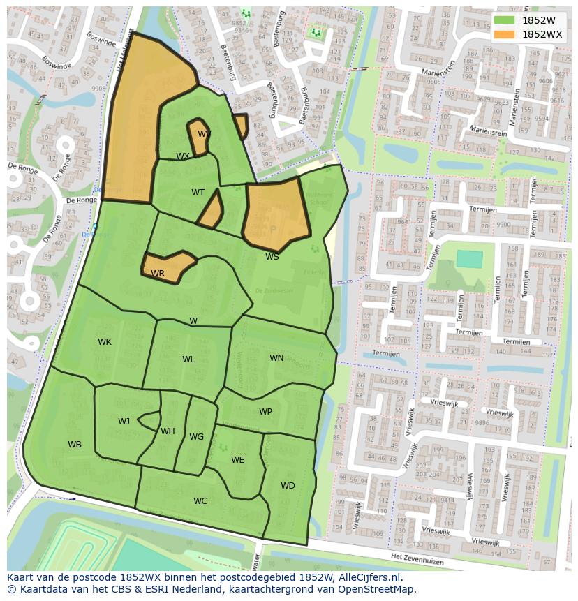 Afbeelding van het postcodegebied 1852 WX op de kaart.