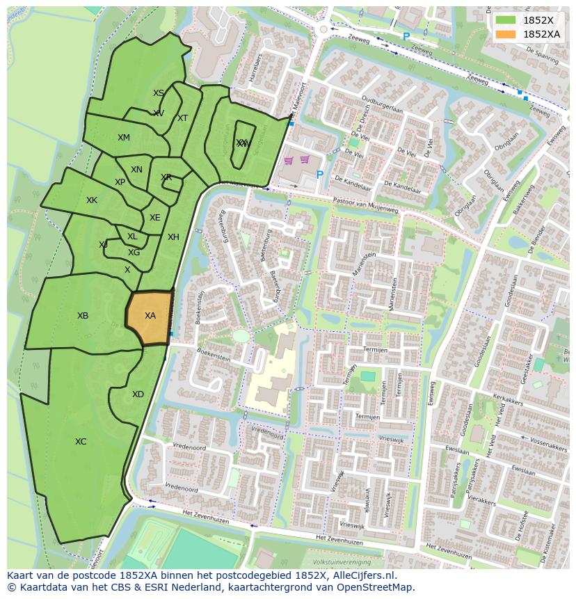 Afbeelding van het postcodegebied 1852 XA op de kaart.
