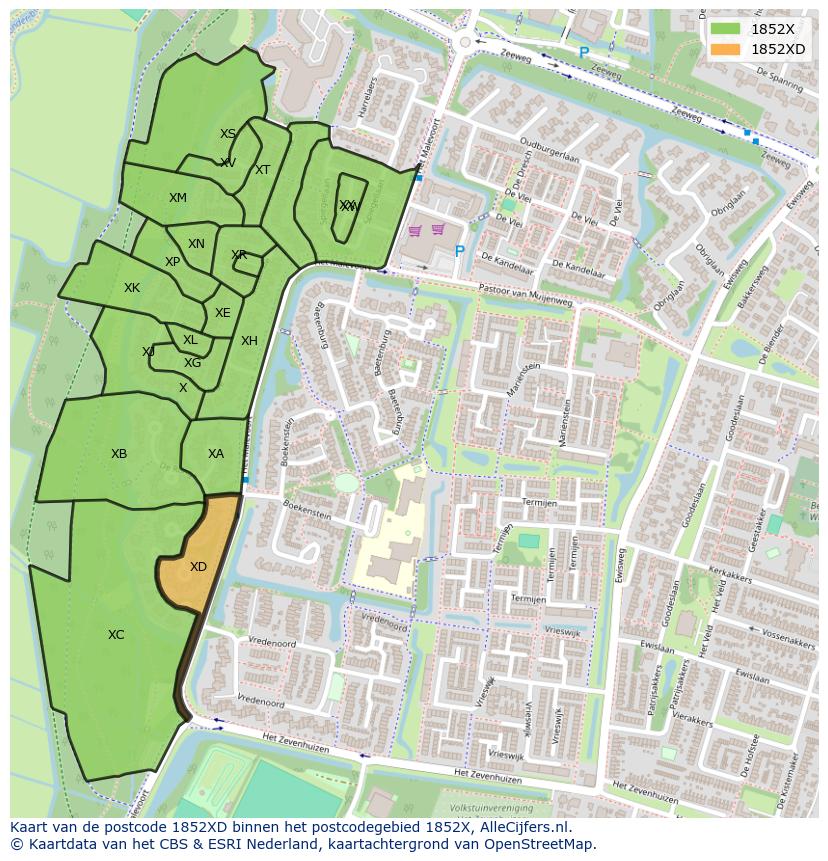 Afbeelding van het postcodegebied 1852 XD op de kaart.