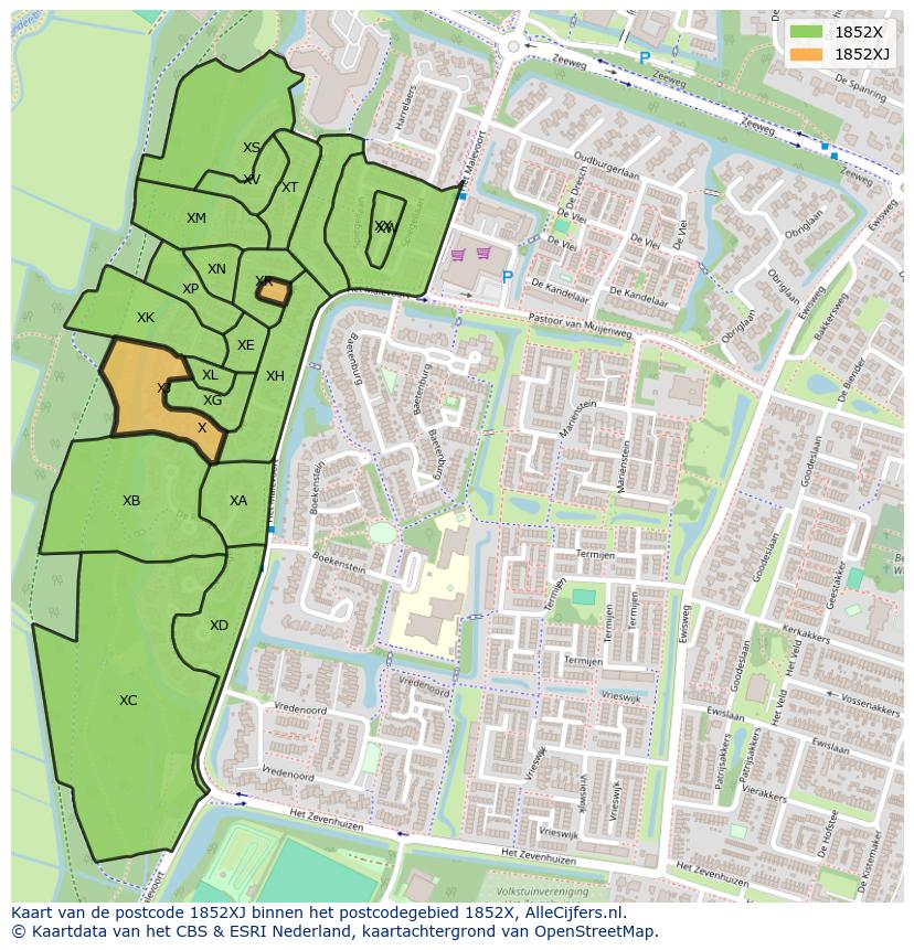 Afbeelding van het postcodegebied 1852 XJ op de kaart.