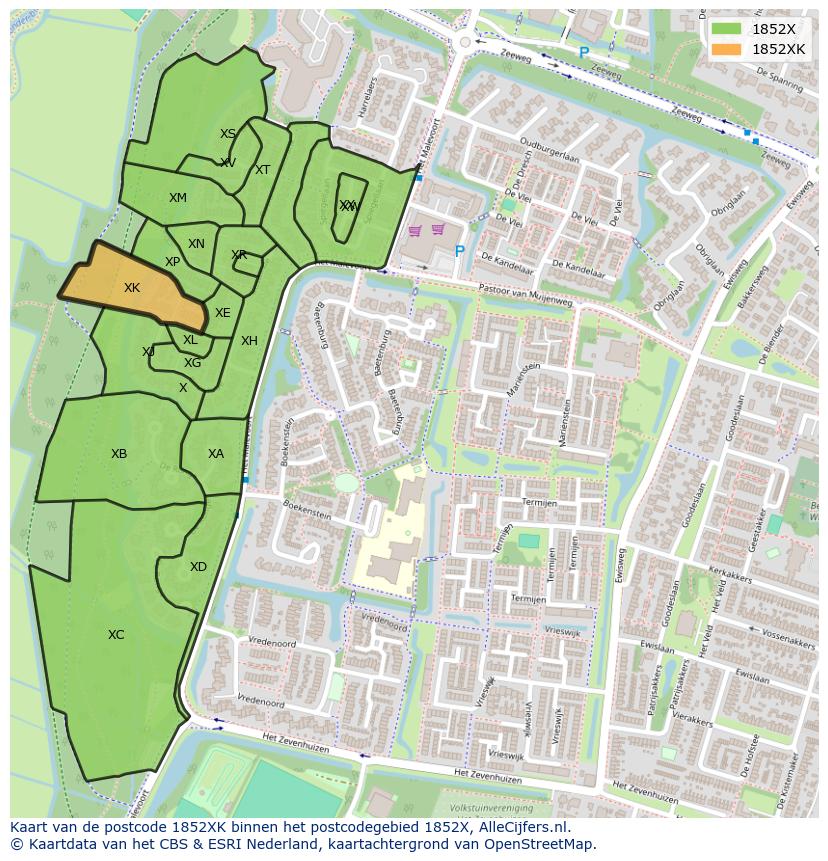 Afbeelding van het postcodegebied 1852 XK op de kaart.