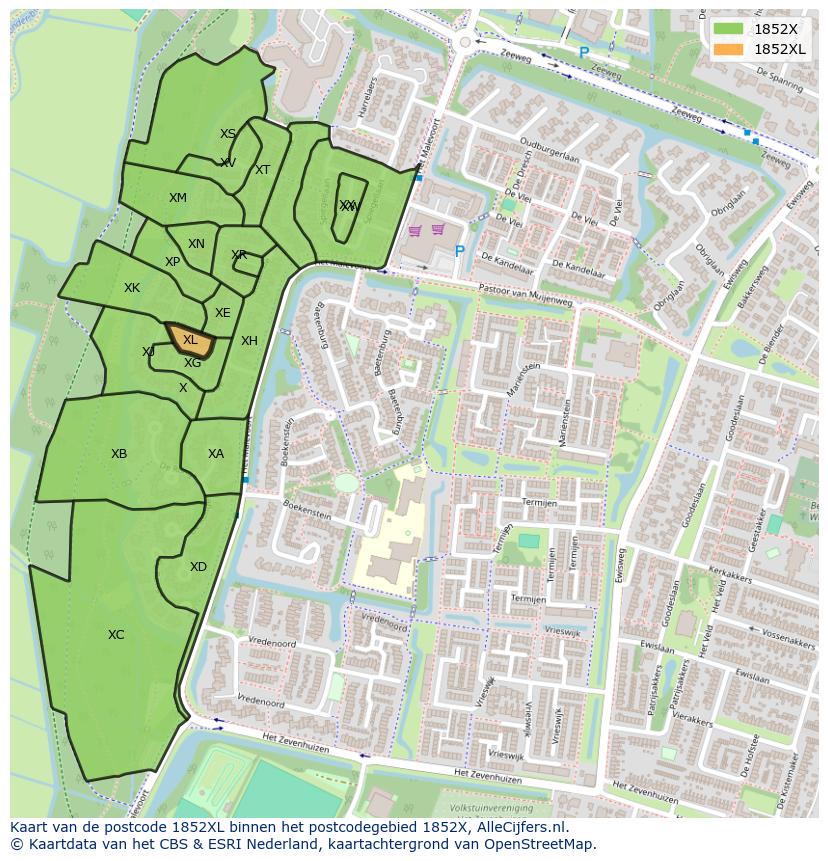 Afbeelding van het postcodegebied 1852 XL op de kaart.