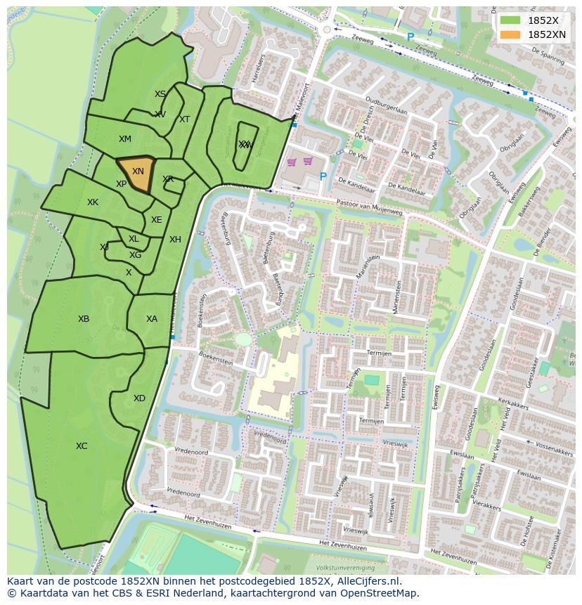 Afbeelding van het postcodegebied 1852 XN op de kaart.