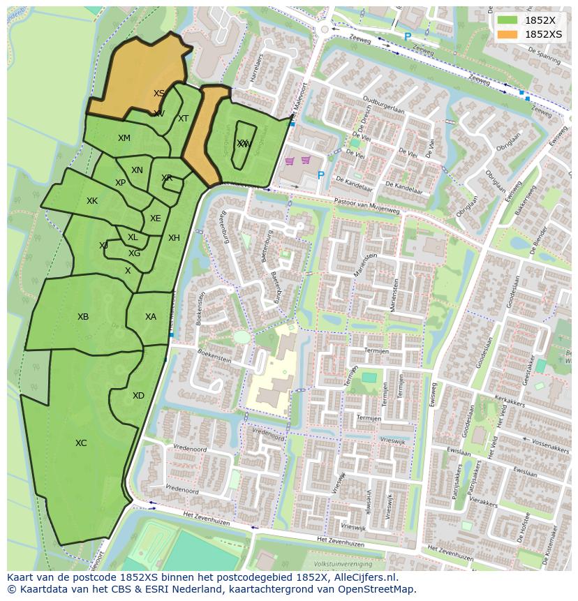 Afbeelding van het postcodegebied 1852 XS op de kaart.
