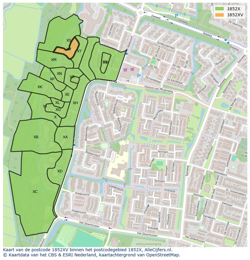 Afbeelding van het postcodegebied 1852 XV op de kaart.
