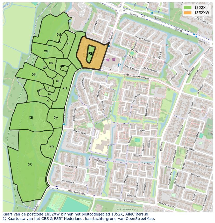 Afbeelding van het postcodegebied 1852 XW op de kaart.