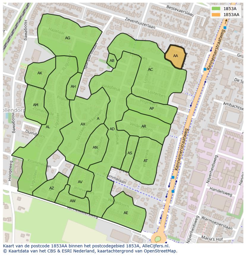 Afbeelding van het postcodegebied 1853 AA op de kaart.