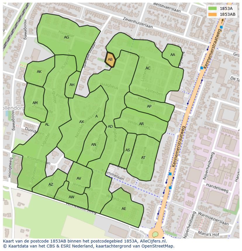 Afbeelding van het postcodegebied 1853 AB op de kaart.