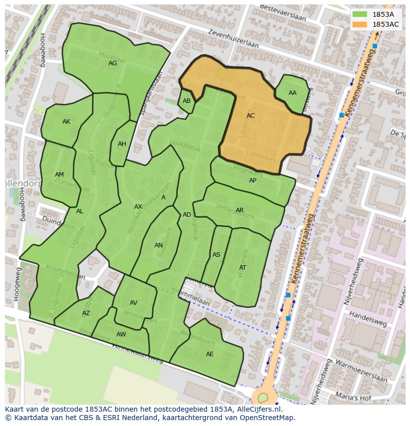 Afbeelding van het postcodegebied 1853 AC op de kaart.