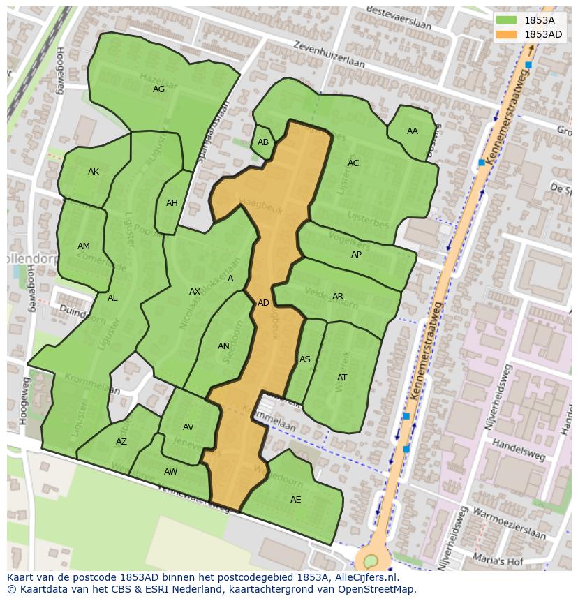 Afbeelding van het postcodegebied 1853 AD op de kaart.