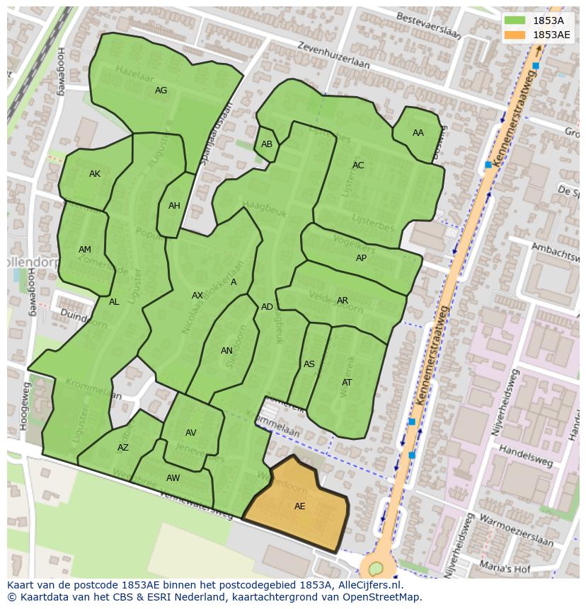 Afbeelding van het postcodegebied 1853 AE op de kaart.