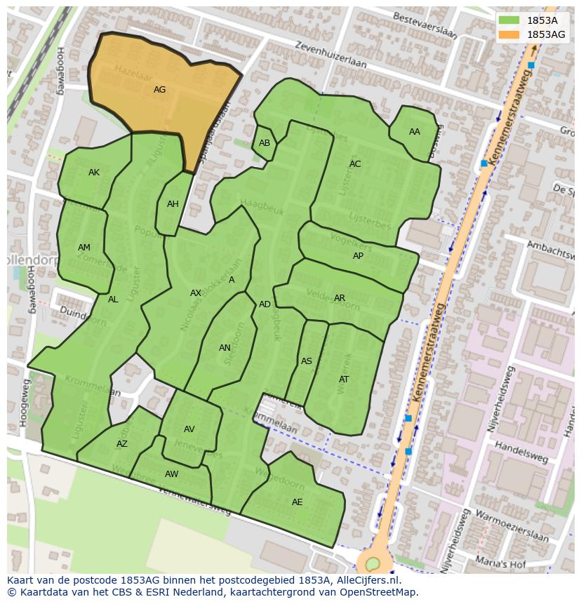 Afbeelding van het postcodegebied 1853 AG op de kaart.