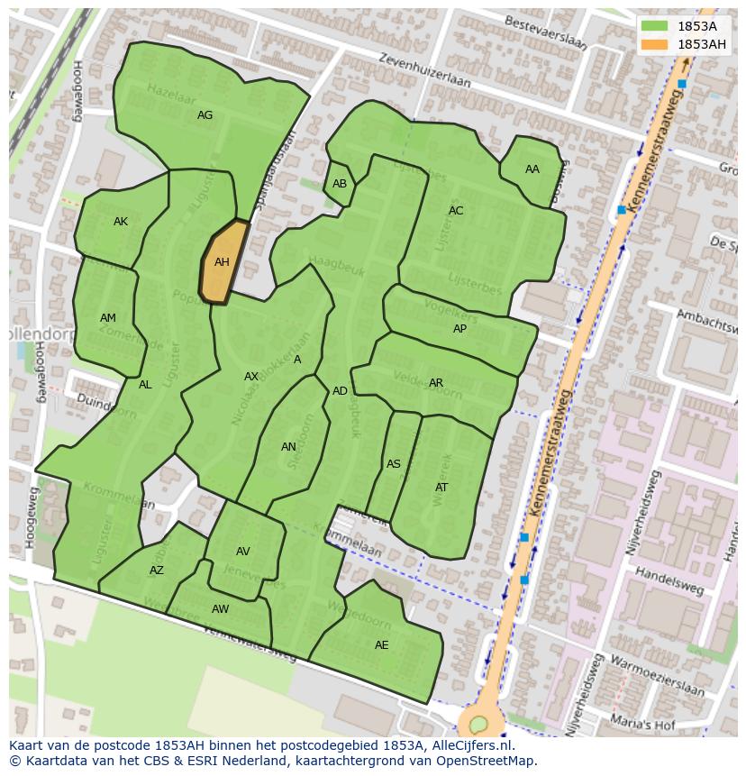 Afbeelding van het postcodegebied 1853 AH op de kaart.