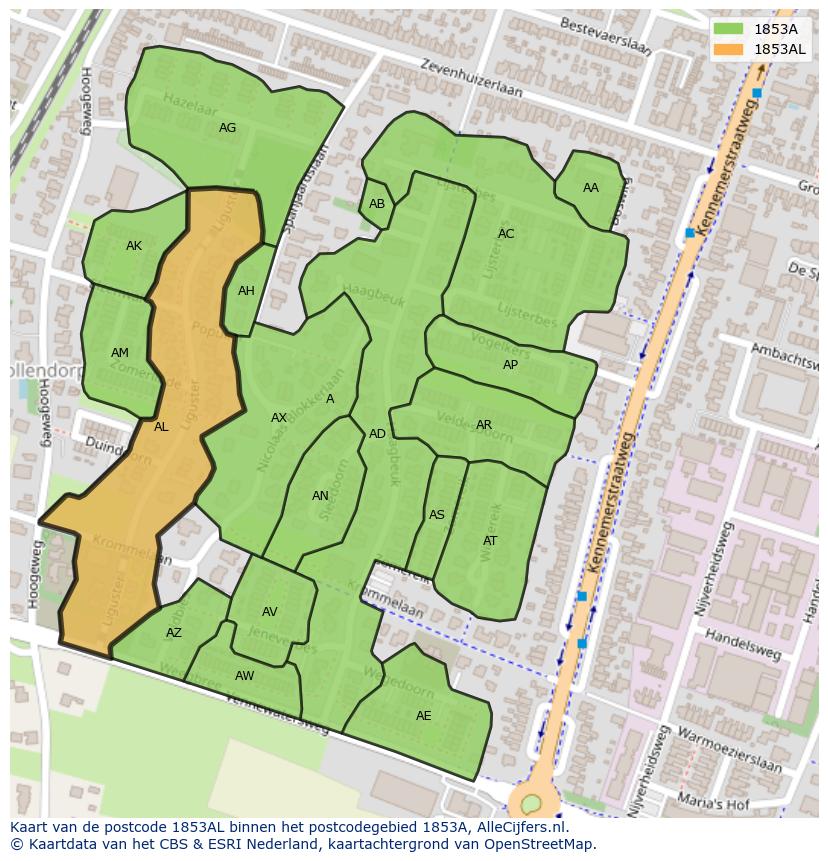 Afbeelding van het postcodegebied 1853 AL op de kaart.
