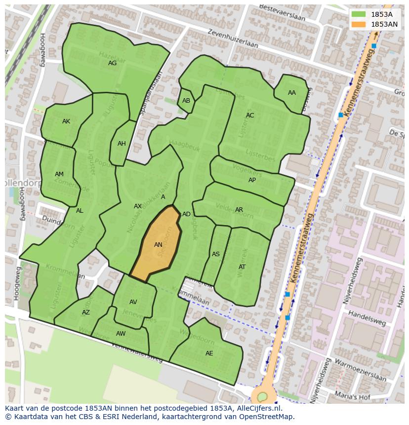 Afbeelding van het postcodegebied 1853 AN op de kaart.