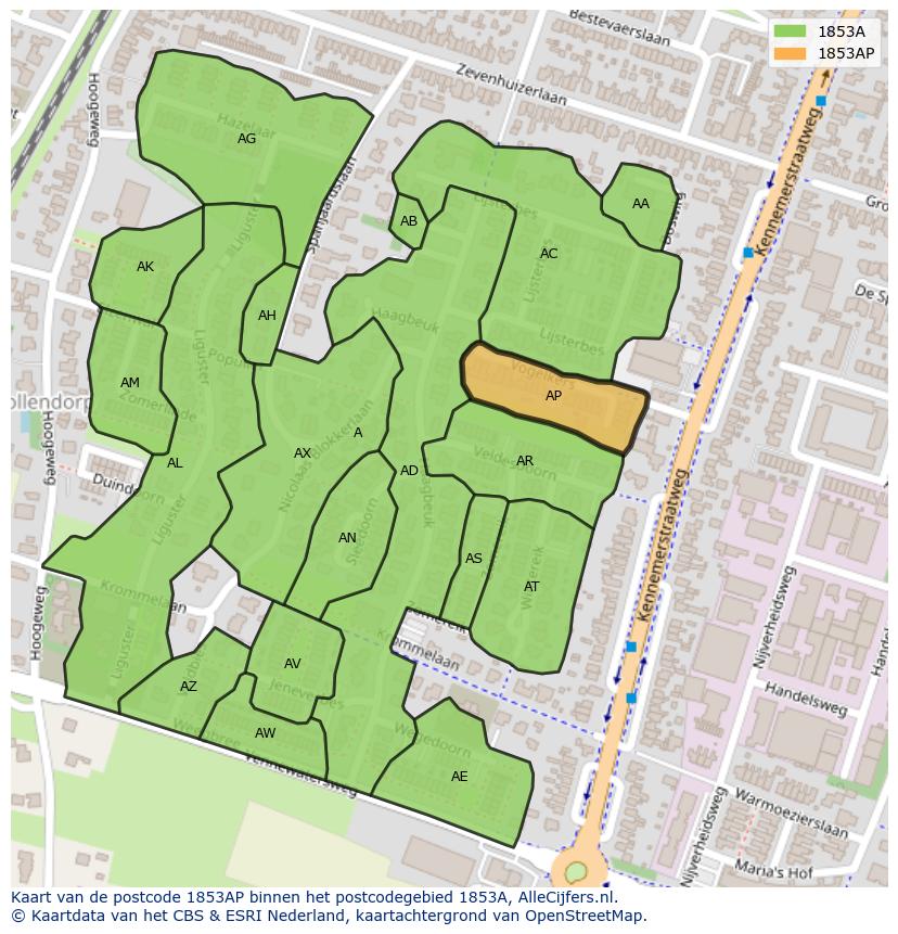 Afbeelding van het postcodegebied 1853 AP op de kaart.