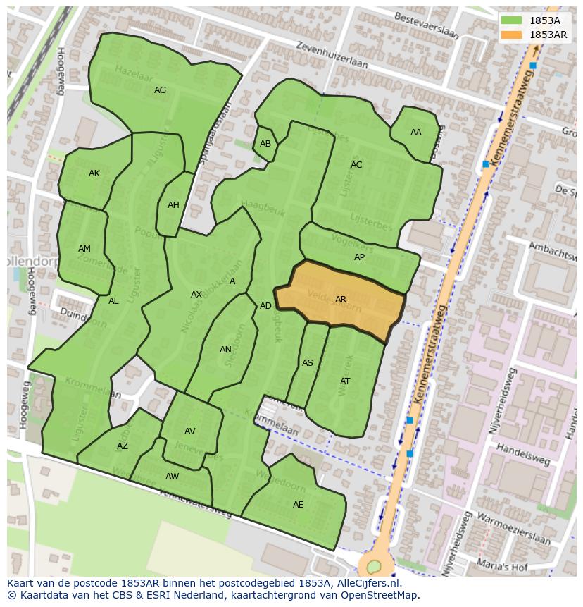 Afbeelding van het postcodegebied 1853 AR op de kaart.