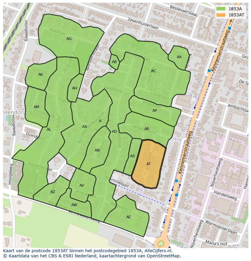 Afbeelding van het postcodegebied 1853 AT op de kaart.