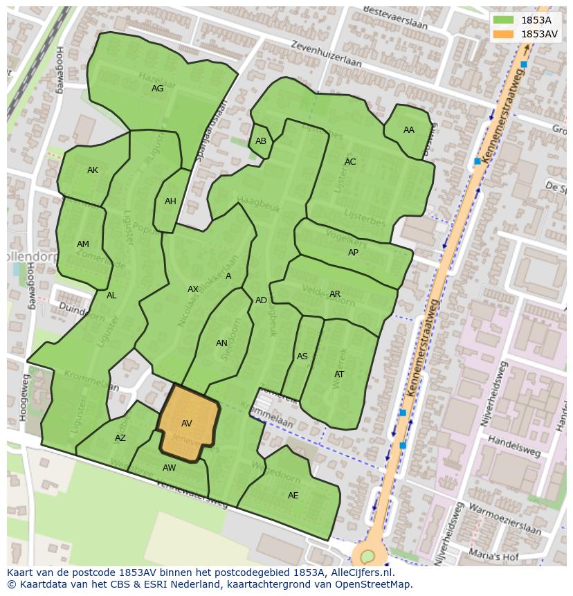 Afbeelding van het postcodegebied 1853 AV op de kaart.