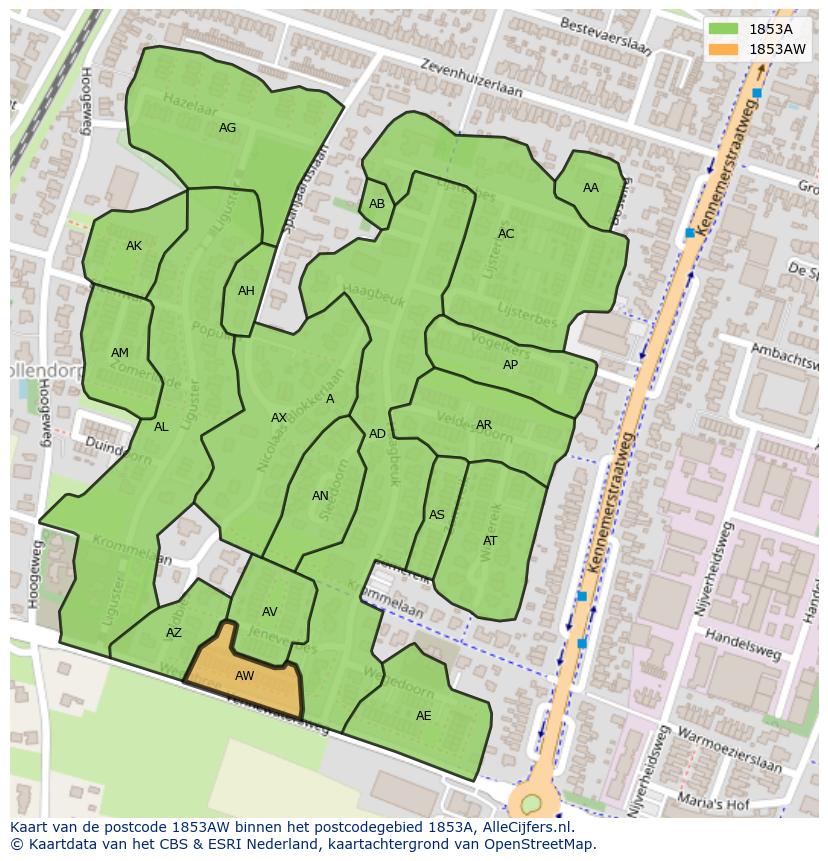 Afbeelding van het postcodegebied 1853 AW op de kaart.